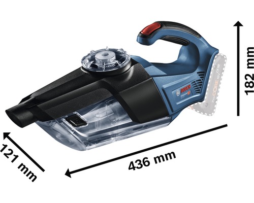 Sladdlös dammsugare med måtten 436 mm längd, 121 mm bredd och 182 mm höjd