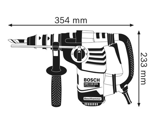 Bild av en borrhammare med mått: längd 354 mm, höjd 233 mm.
