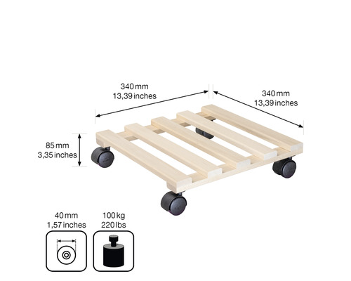 Rullbräda av trä med mått och information om lastkapacitet