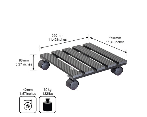 Rullbräda för växter med måtten 290 x 290 mm och en maximal lastkapacitet på 60 kg.
