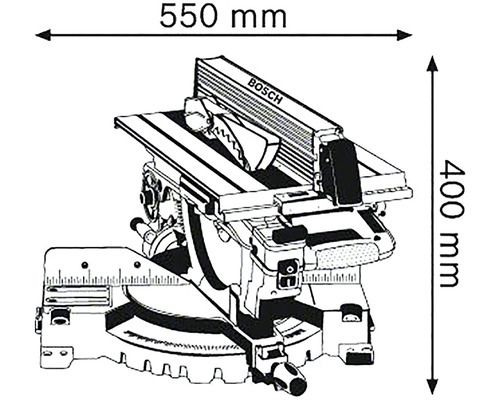 Bosch kap- och geringssåg med dimensionerna 550 mm bredd och 400 mm höjd.