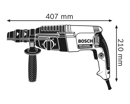Bild på borrhammaren med måtten 407 mm längd och 210 mm höjd.