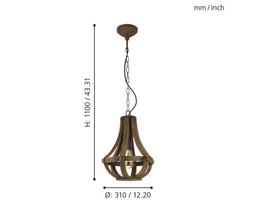 Taklampa i trä med måtten 1100 millimeter hög och 310 millimeter i diameter