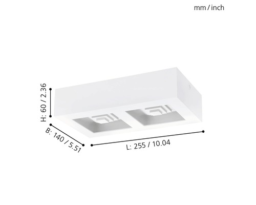 Mått på en taklampa: längd 255 millimeter, bredd 140 millimeter, höjd 60 millimeter.
