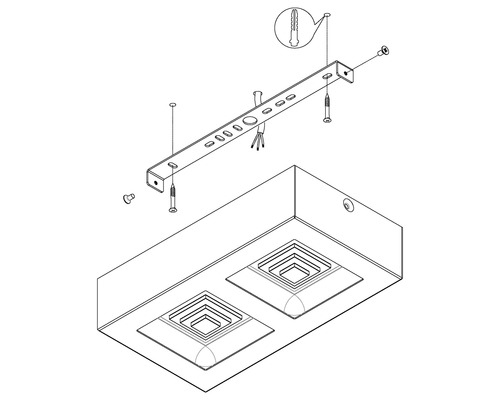 Sprängskiss av en taklampa med monteringsanvisning och tillbehör