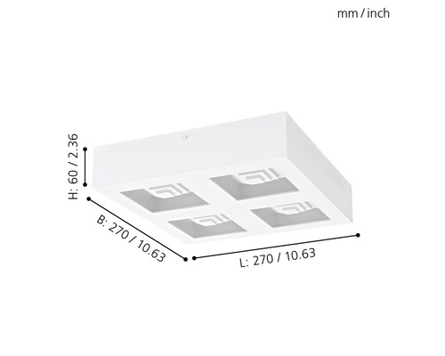 Fyrkantig taklampa med fyra urtag och storleksinformation