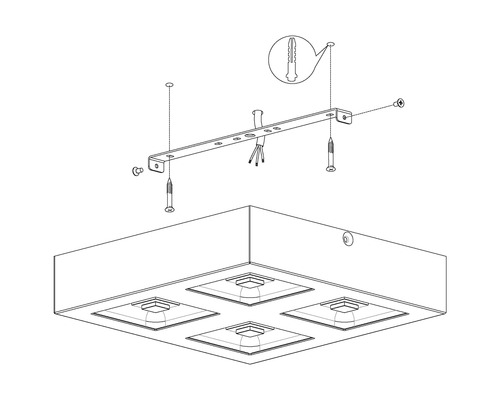 Monteringsanvisning för en taklampa med fyra ljuskällor, inklusive skruvar och pluggar.