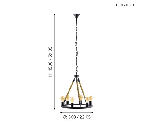 Taklampa med sex glödlampor, cirkelformigt arrangerade, lindad med rep och mått.