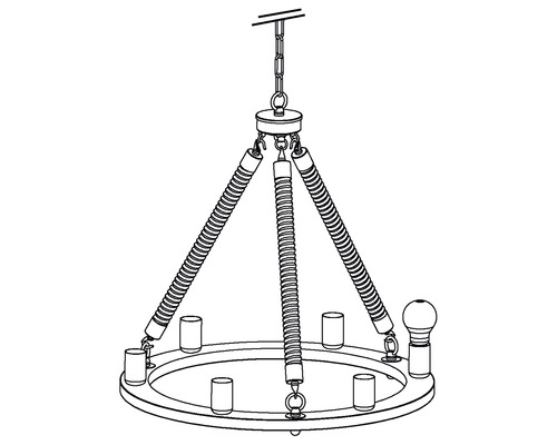 Skiss av en hängande armatur med sex lamphållare