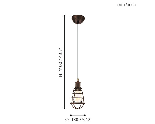 Pendellampa med metallbur och måttangivelser