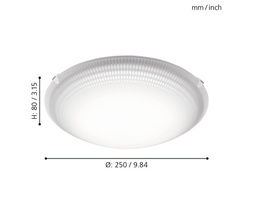 Rund taklampa med måtten 250 mm i diameter och 80 mm hög.
