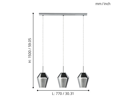 Teknisk ritning av en hänglampa med tre lampor och måttangivelser