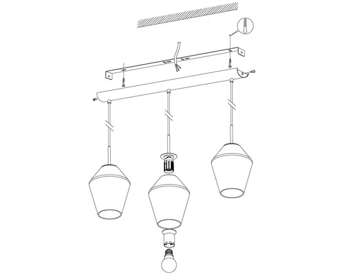 Ritning av en hängande lampa med tre lampor och monteringsanvisningar