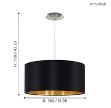 Svart hänglampa med gyllene interiör och måtten höjd 1100 mm och diameter 380 mm.