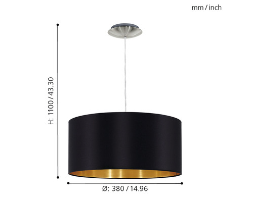 Svart hänglampa med gyllene interiör och måtten höjd 1100 mm och diameter 380 mm.