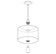 Sprängskiss av en hänglampa med lampskärm och ljuskälla