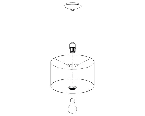 Sprängskiss av en hänglampa med lampskärm och ljuskälla