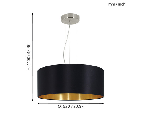 Taklampa med svart lampskärm och gyllene insida, diameter 530 millimeter och höjd 1100 millimeter