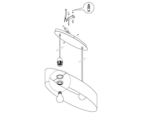Sprängskiss av en pendellampa med monteringstillbehör