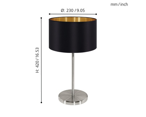 Bordslampa med svart skärm och metallfot, mått 420 x 230 millimeter