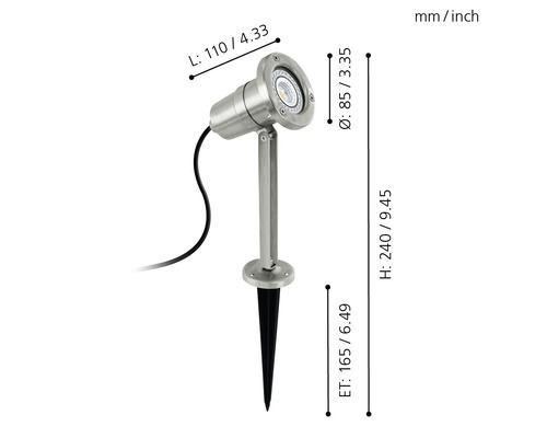 Trädgårdsspotlight i rostfritt stål med markspett och mått