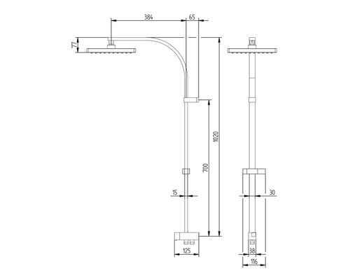 Teknisk ritning av en duschpelare med dimensioner
