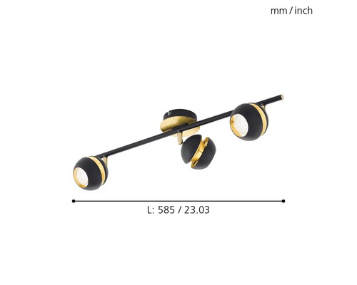 Taklampa med tre spotlights, svängbar, längd 585 millimeter