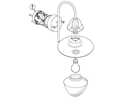 Sprängskiss av en vägglampa med tillhörande komponenter