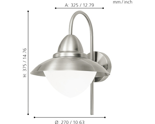 Vägglampa i rostfritt stål med mått.