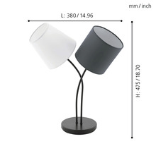 Bordslampa med två lampskärmar och mått.