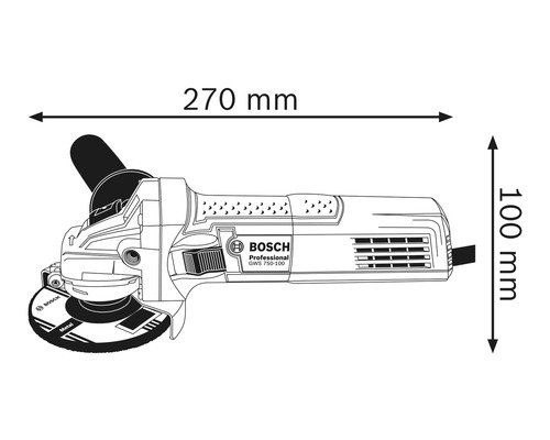 Teknisk ritning av en vinkelslip med måtten 270 mm längd och 100 mm höjd.