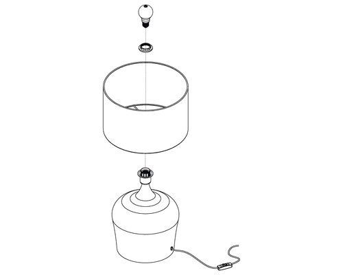Sprängskiss av en bordslampa med lampskärm, lamphållare och glödlampa