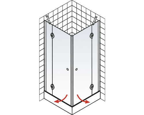 Hörndusch med två dörrar och vattenavrinning på golvet