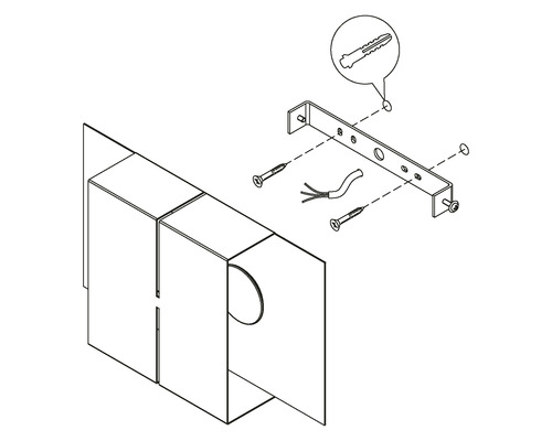 Monteringsanvisning för en vägglampa med skruvar, pluggar och fäste.