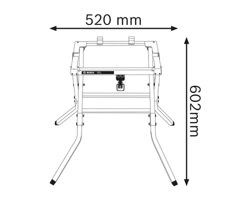 Ritning av ett arbetsbord med måtten 520 mm bredd och 602 mm höjd