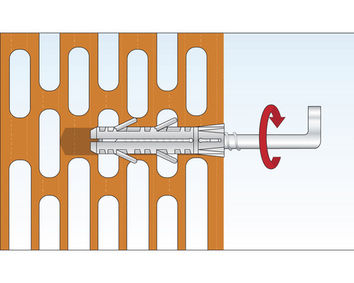 Fästning av en skruv med plugg i en perforerad tegelsten