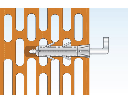 Expanderplugg av plast med krokskruv i perforerad plåt