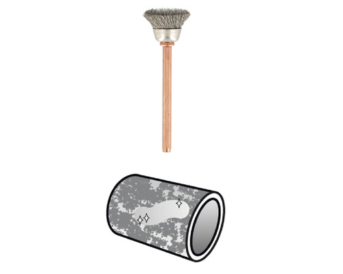 Stålborste med skaft och illustration av en rengjord yta