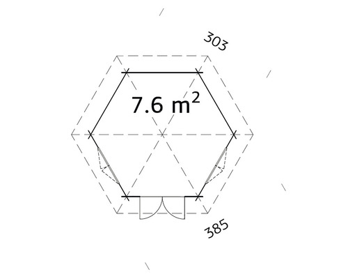 Planritning av ett trädgårdshus med en yta på 7,6 kvadratmeter