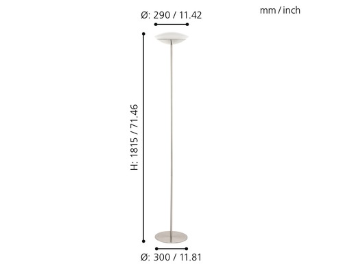 Teknisk ritning av en golvlampa med höjd- och diameterdata
