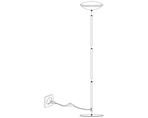 Skiss av en golvlampa med platt lampskärm och kontakt i uttaget