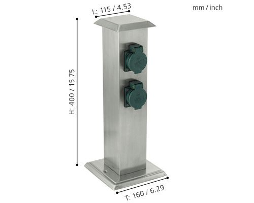 Stolpe i rostfritt stål med två uttag och mått