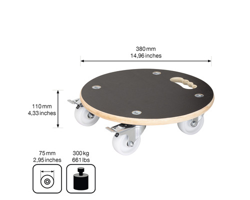 Rund rullbräda med handtag och måttuppgifter.