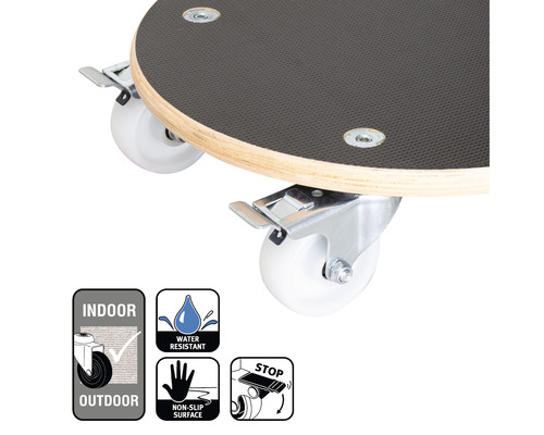 Rullbräda med hjul och broms samt symboler för inomhus- och utomhusbruk, vattenavvisande, halkfri yta och parkeringsbroms