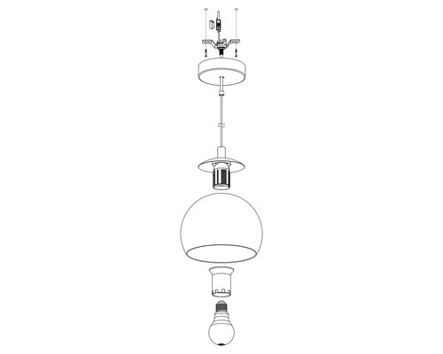 Sprängskiss av en hängande lampa med glödlampa för att illustrera monteringen