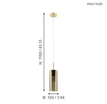 Guldfärgad hänglampa med cylindrisk lampskärm och mått för höjd och diameter.