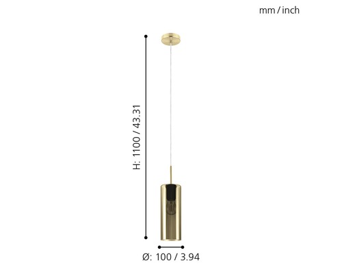 Guldfärgad hänglampa med cylindrisk lampskärm och mått för höjd och diameter.