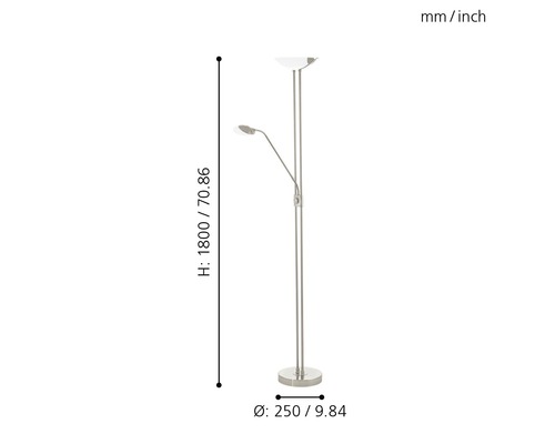 Golvlampa med läslampa och måtten 1800 x 250 millimeter