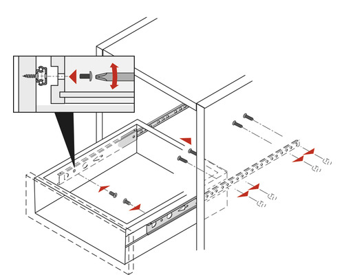Schema över en lådmontering med skruvar