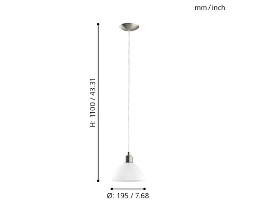 Pendellampa med mått för höjd och diameter